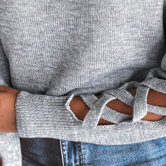 Gray Knit Criss Cross Straps Cut Out Sleeve Sweater Pullover - Picture 8 of 11